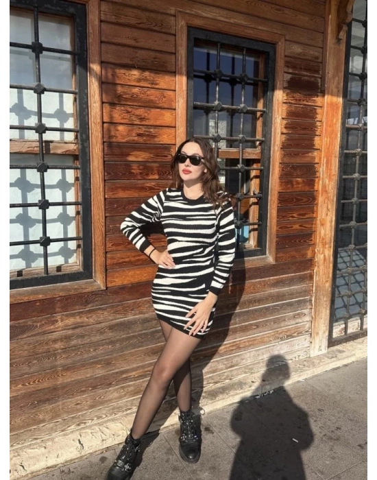 Kadın Uzun Kollu Siyah Beyaz Zebra Desen Triko Elbise