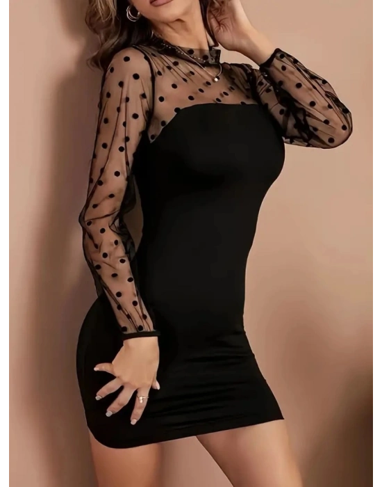 Kadın Uzun Kollu Straplez Puantiyeli Tül Detaylı Ithal Krep Elbise