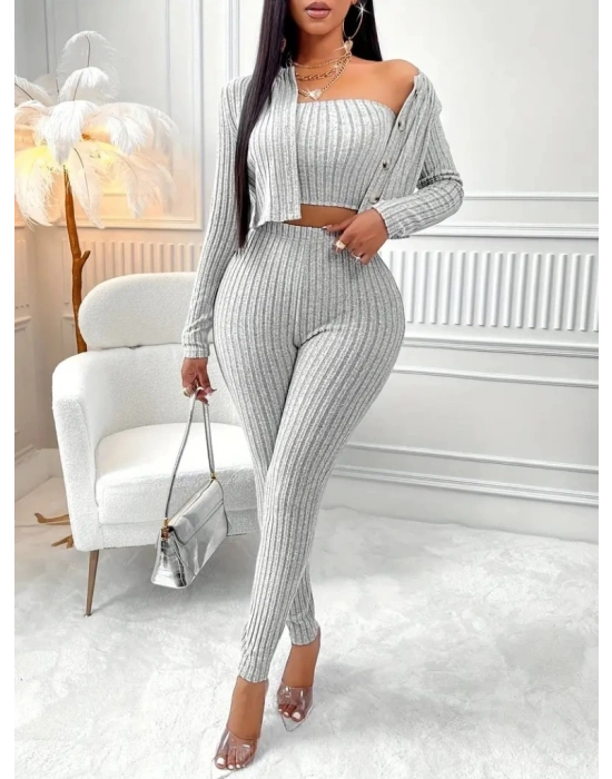 Kadın Uzun Kollu Straplez şardonlu Kaşkorse Bluz önü Düğmeli Ceket Ve Tayt Pantolonlu üçlü Takım