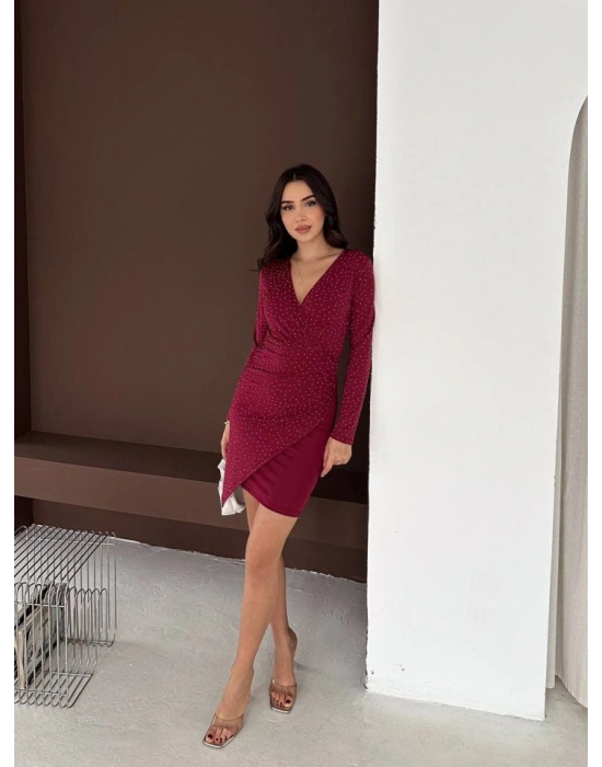 Kadın Uzun Kollu Taş Detay ini Kruvaze Elbise