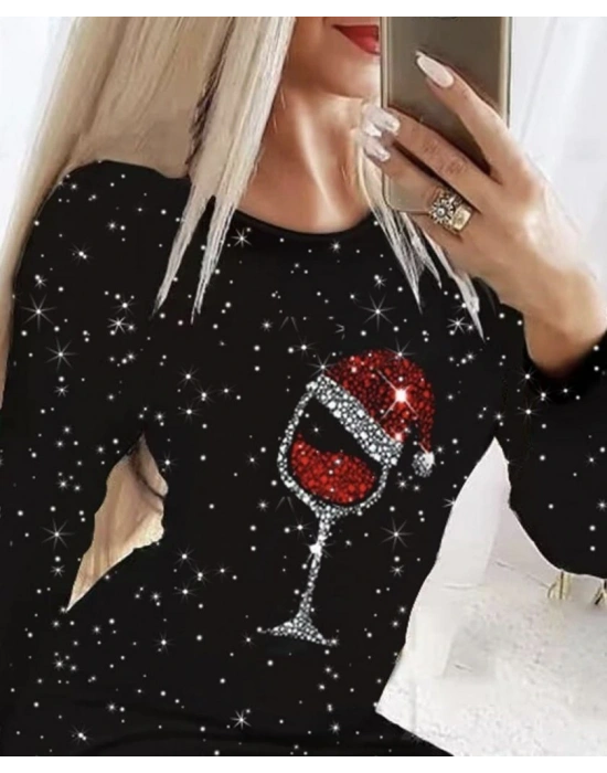 Kadın Uzun Kollu Taş Kadeh Baskı Dalgıç Mini Boy Elbise