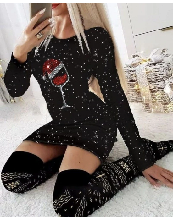 Kadın Uzun Kollu Taş Kadeh Baskı Dalgıç Mini Boy Elbise