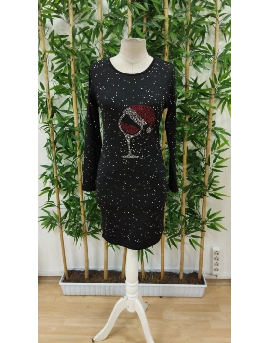 Kadın Uzun Kollu Taş Kadeh Baskı Dalgıç Mini Boy Elbise