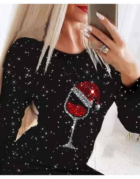 Kadın Uzun Kollu Taş Kadeh Baskı Mikro Kumaş Mini Boy Elbise (çorapsız)