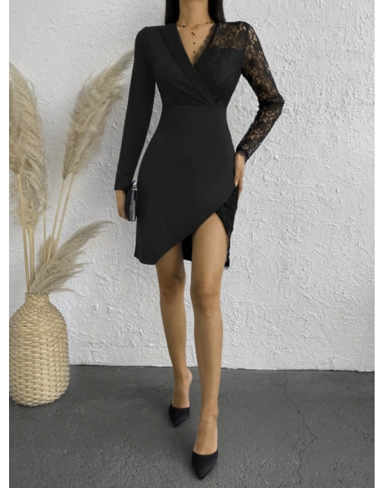 Kadın Uzun Kollu Tek Kolu Dantel Detay V Yakalı Yırtmaçlı Dalgıç Elbise