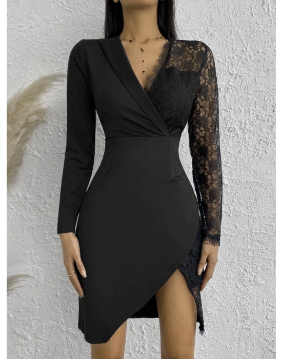 Kadın Uzun Kollu Tek Kolu Dantel Detay V Yakalı Yırtmaçlı Dalgıç Elbise