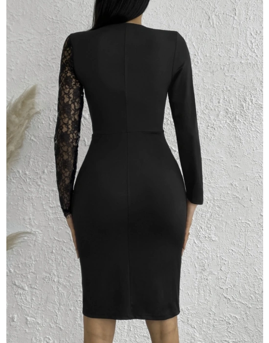 Kadın Uzun Kollu Tek Kolu Dantel Detay V Yakalı Yırtmaçlı Dalgıç Elbise