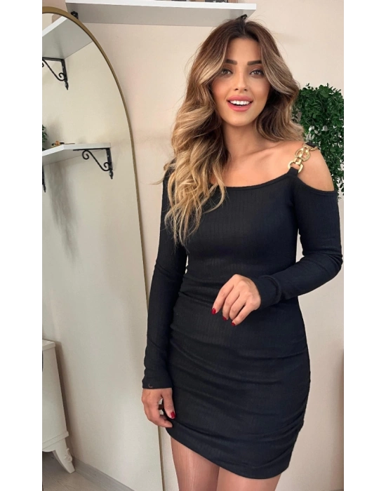 Kadın Uzun Kollu Tek Omuz Askı Detay Eteği Büzgülü şardonlu Kaşkorse Mini Elbise