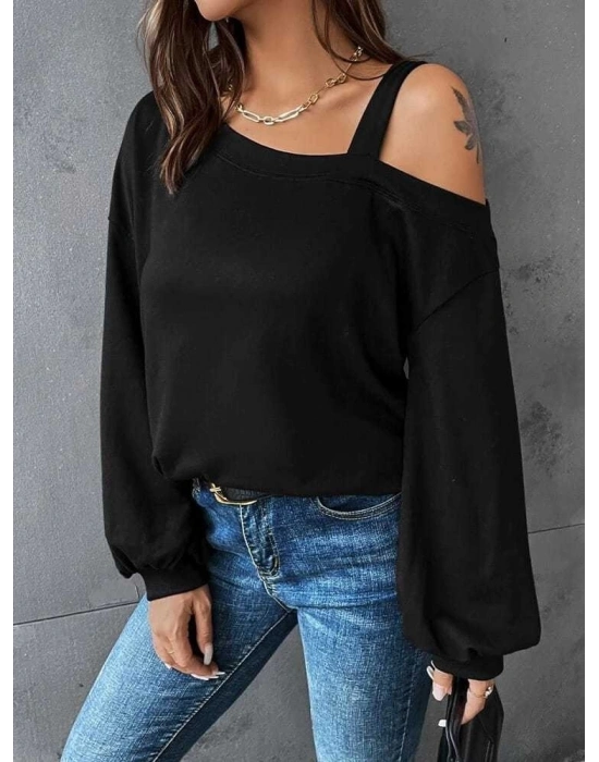 Kadın Uzun Kollu Tek Omuz Askı Detay Salaş Viskon Iki Iplik Bluz