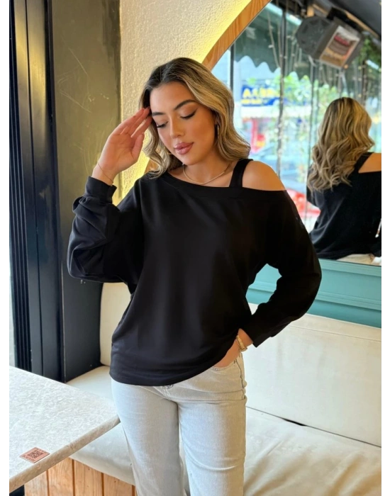 Kadın Uzun Kollu Tek Omuz Askı Detay Salaş Viskon Iki Iplik Bluz