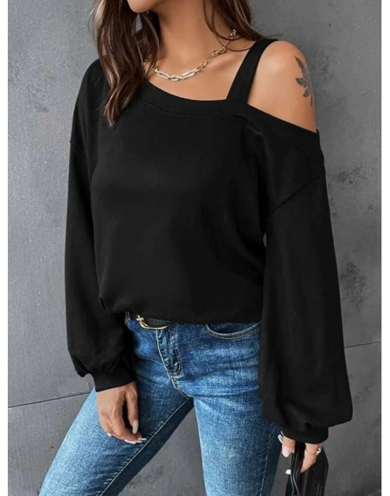 Kadın Uzun Kollu Tek Omuz Askı Detay Salaş Viskon Iki Iplik Bluz