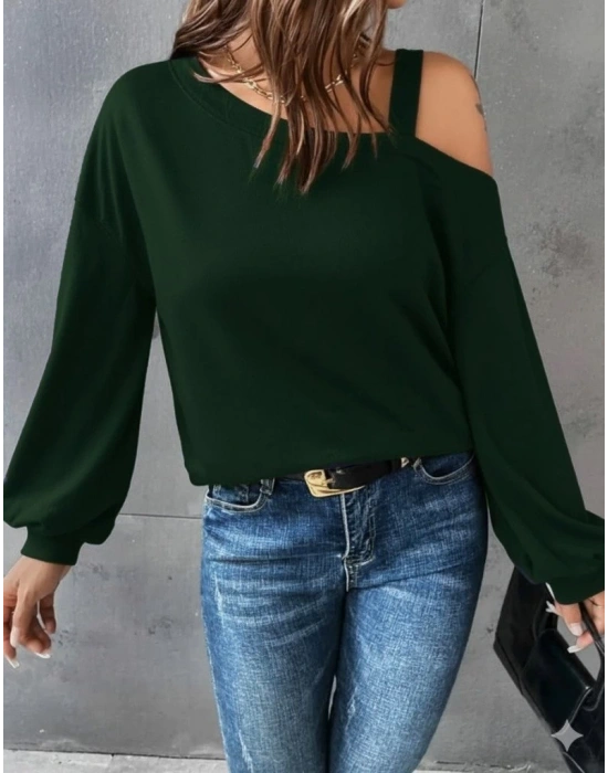 Kadın Uzun Kollu Tek Omuz Askı Detay Salaş Viskon Iki Iplik Bluz