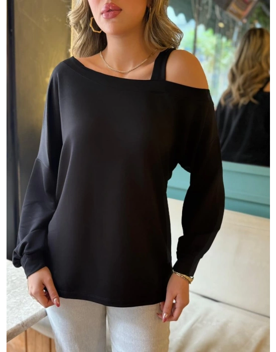 Kadın Uzun Kollu Tek Omuz Askı Detay Salaş Viskon Iki Iplik Bluz