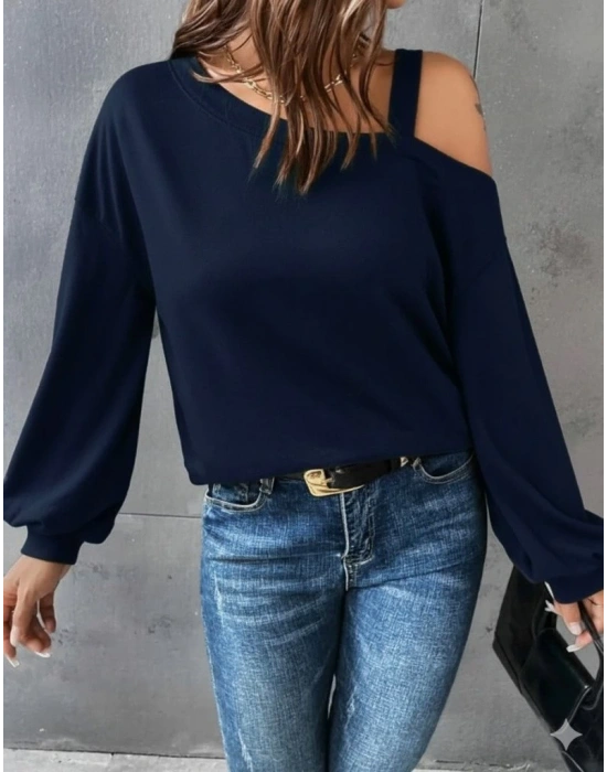 Kadın Uzun Kollu Tek Omuz Askı Detay Salaş Viskon Iki Iplik Bluz