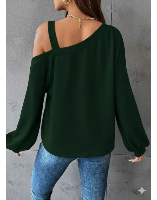 Kadın Uzun Kollu Tek Omuz Askı Detay Salaş Viskon Iki Iplik Bluz