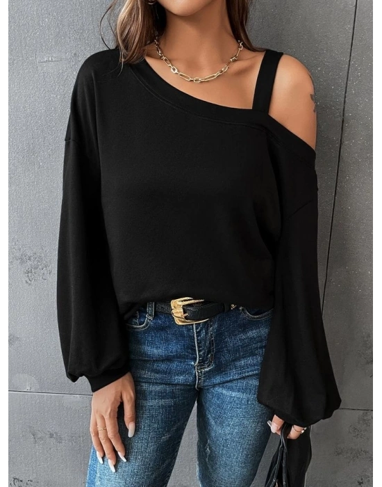 Kadın Uzun Kollu Tek Omuz Askı Detay Salaş Viskon Iki Iplik Bluz