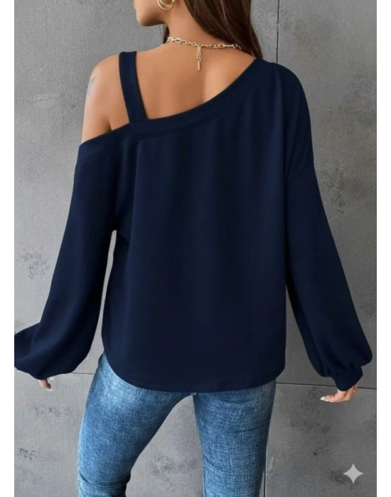 Kadın Uzun Kollu Tek Omuz Askı Detay Salaş Viskon Iki Iplik Bluz