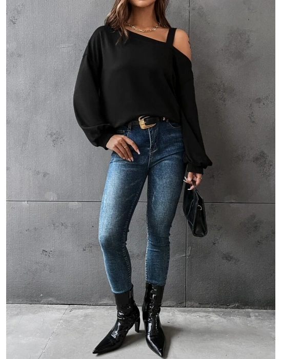 Kadın Uzun Kollu Tek Omuz Askı Detay Salaş Viskon Iki Iplik Bluz