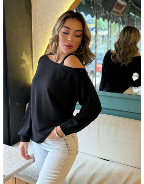 Kadın Uzun Kollu Tek Omuz Askı Detay Salaş Viskon Iki Iplik Bluz