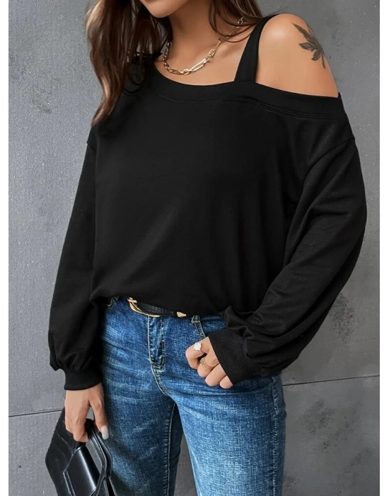 Kadın Uzun Kollu Tek Omuz Askı Detay Salaş Viskon Iki Iplik Bluz