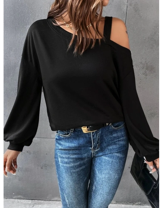 Kadın Uzun Kollu Tek Omuz Askı Detay Salaş Viskon Iki Iplik Bluz