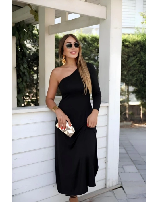 Kadın Uzun Kollu Tek Omuz Detay Krep Elbise