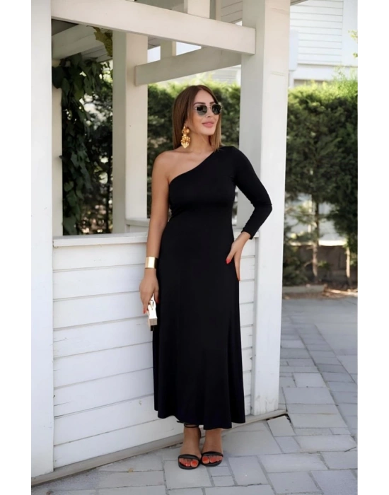 Kadın Uzun Kollu Tek Omuz Detay Krep Elbise