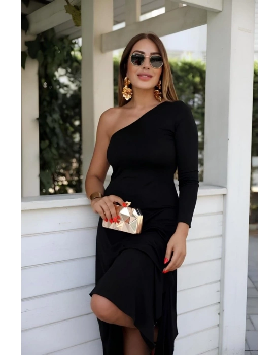 Kadın Uzun Kollu Tek Omuz Detay Krep Elbise