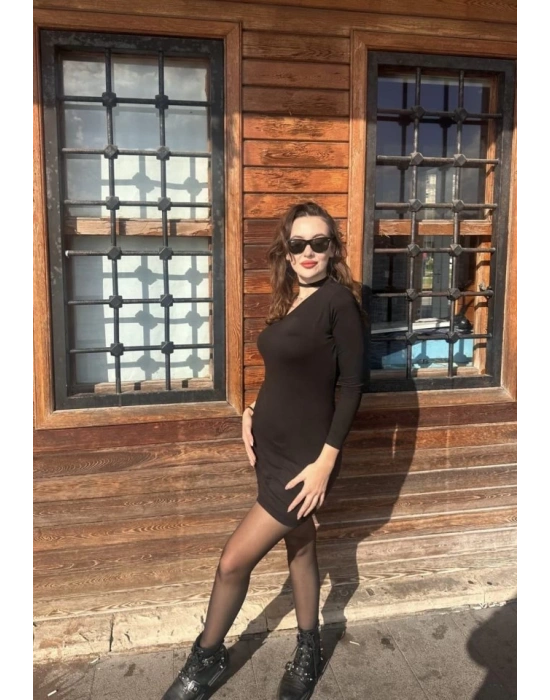 Kadın Uzun Kollu Tek Omuz Ve Kol Açık Detay Viskon Mini Boy Elbise