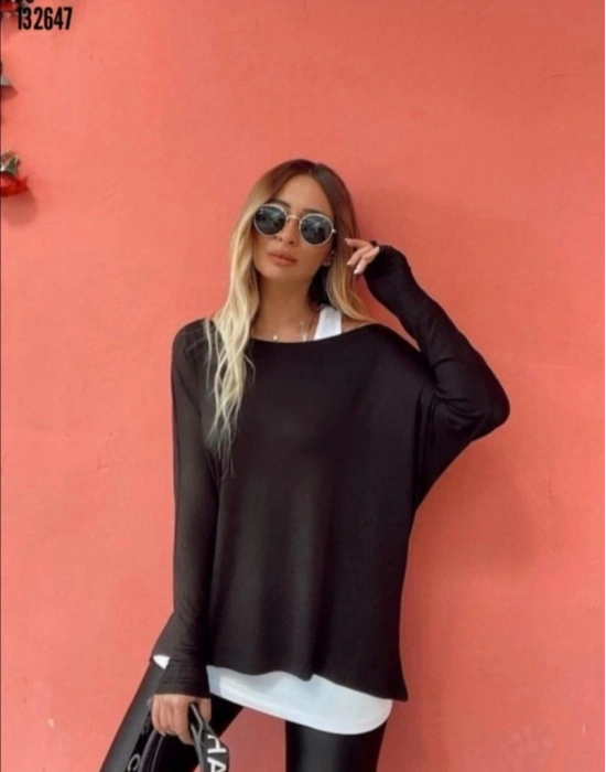 Kadın Uzun Kollu Tek Omuzdan Açık çilek Bluz Ve Viskon Atlet Ikili Takım