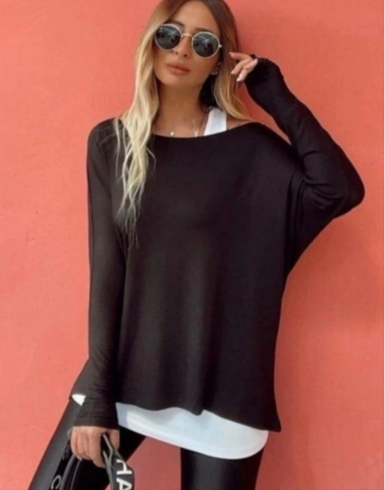 Kadın Uzun Kollu Tek Omuzdan Açık çilek Bluz Ve Viskon Atlet Ikili Takım