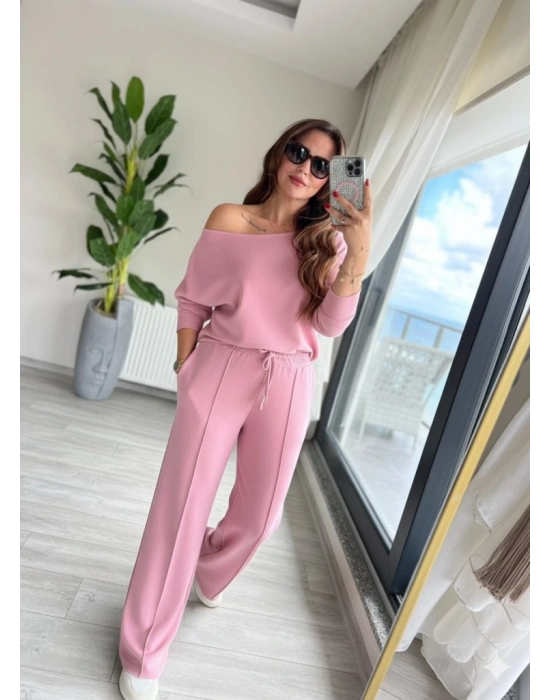 Kadın Uzun Kollu Tek Omuzdan Açık Dalgıç Bluz Ve Pantolon Ikili Takım