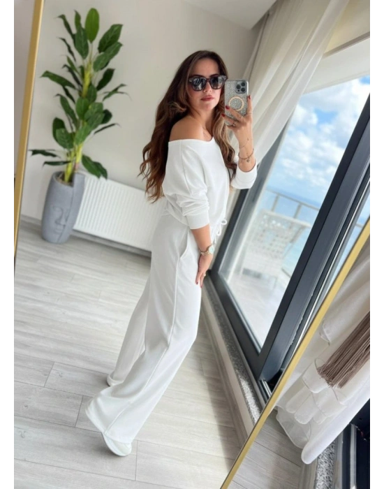 Kadın Uzun Kollu Tek Omuzdan Açık Dalgıç Bluz Ve Pantolon Ikili Takım