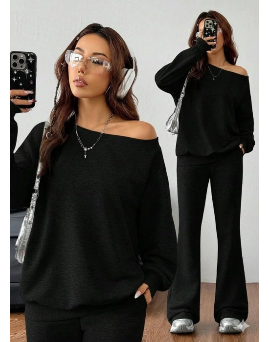 Kadın Uzun Kollu Tek Omuzdan Açık Iki Iplik Bluz Ve Pantolon Ikili Takım