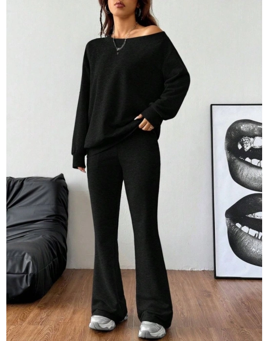 Kadın Uzun Kollu Tek Omuzdan Açık Iki Iplik Bluz Ve Pantolon Ikili Takım