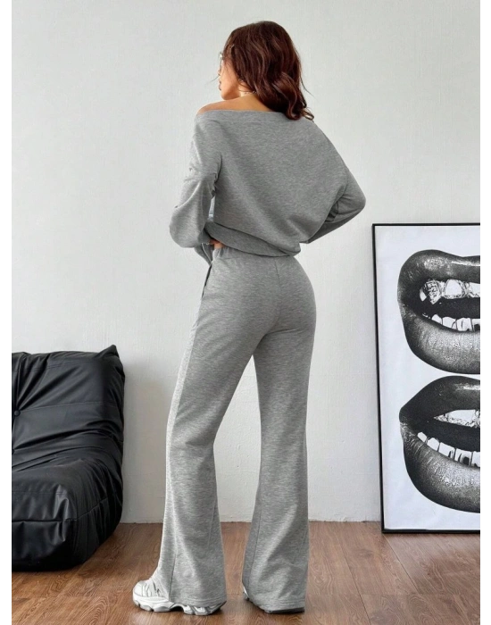 Kadın Uzun Kollu Tek Omuzdan Açık Iki Iplik Bluz Ve Pantolon Ikili Takım