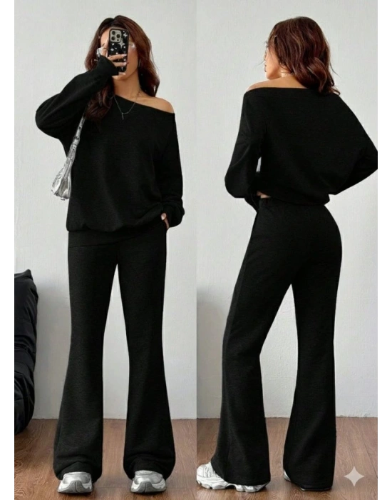 Kadın Uzun Kollu Tek Omuzdan Açık Iki Iplik Bluz Ve Pantolon Ikili Takım