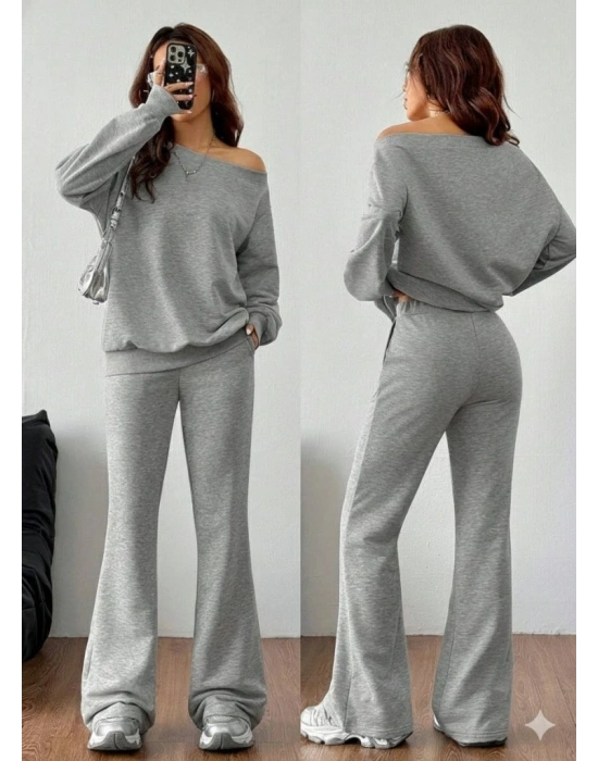 Kadın Uzun Kollu Tek Omuzdan Açık Iki Iplik Bluz Ve Pantolon Ikili Takım