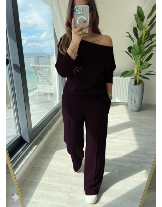 Kadın Uzun Kollu Tek Omuzdan Açık Modal Bluz Ve Pantolon Ikili Mürdüm Takım