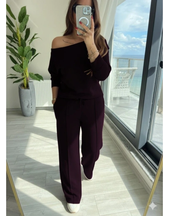 Kadın Uzun Kollu Tek Omuzdan Açık Modal Bluz Ve Pantolon Ikili Mürdüm Takım