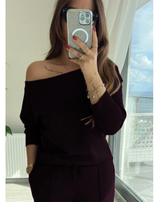 Kadın Uzun Kollu Tek Omuzdan Açık Modal Bluz Ve Pantolon Ikili Mürdüm Takım