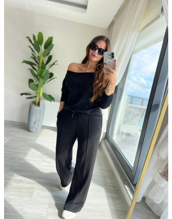 Kadın Uzun Kollu Tek Omuzdan Açık Modal Bluz Ve Pantolon Ikili Takım