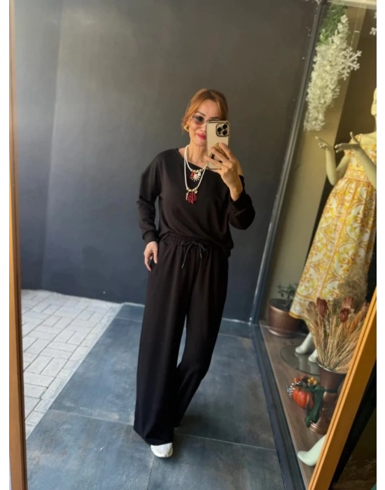 Kadın Uzun Kollu Tek Omuzdan Açık Viskon Iki Iplik Bluz Ve Pantolon Ikili Takım