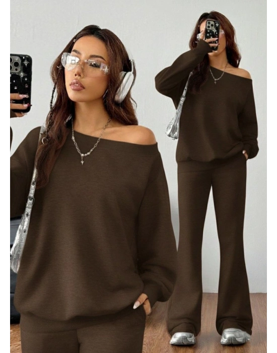 Kadın Uzun Kollu Tek Omuzdan ıkmiki Iplik Bluz Ve Pantolon Ikili Takım