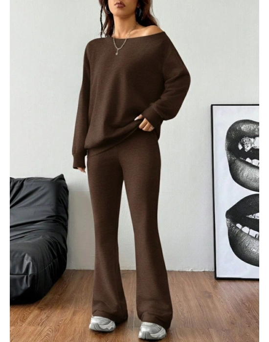 Kadın Uzun Kollu Tek Omuzdan ıkmiki Iplik Bluz Ve Pantolon Ikili Takım