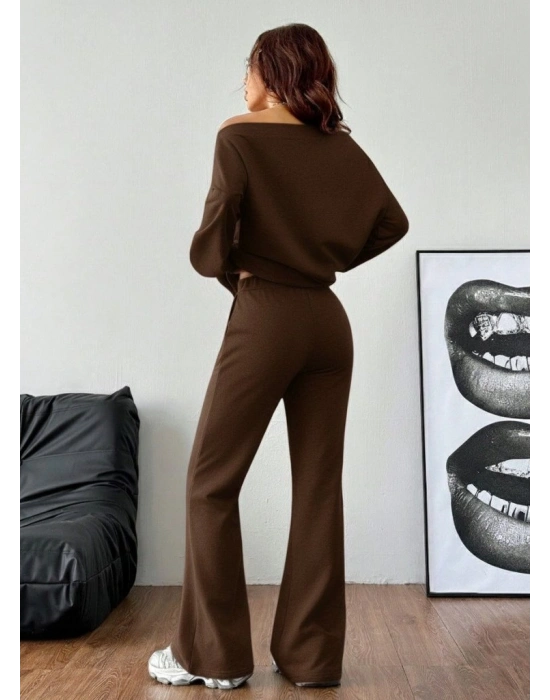 Kadın Uzun Kollu Tek Omuzdan ıkmiki Iplik Bluz Ve Pantolon Ikili Takım
