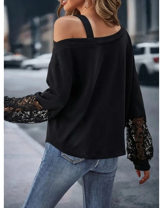 Kadın Uzun Kollu Tek Omuzu Açık Askılı Toka Ve Dantel Detay Viskon Iki Iplik Bluz