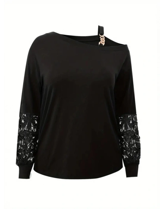 Kadın Uzun Kollu Tek Omuzu Açık Askılı Toka Ve Dantel Detay Viskon Iki Iplik Bluz