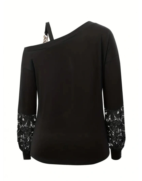 Kadın Uzun Kollu Tek Omuzu Açık Askılı Toka Ve Dantel Detay Viskon Iki Iplik Bluz