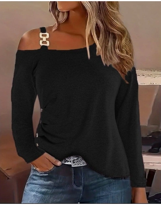 Kadın Uzun Kollu Tek Omuzu Açık Askılı Toka Ve Düğme Detaylı Yumuşak Bluz